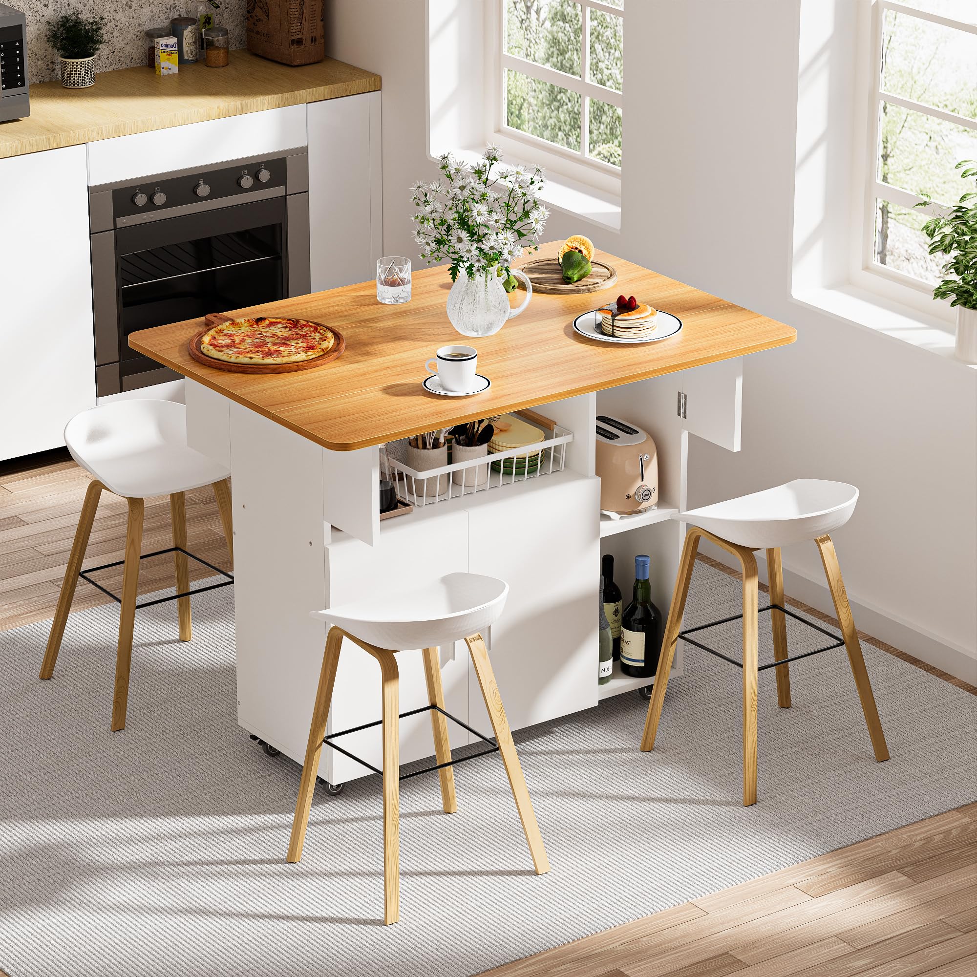 Mesa de Comedor Plegable Mesa de Cocina con Ruedas 1 Armario Grande y 3 Compartimento Abierto Aparador móvil Mesas para Espacios pequeños Comedor Cocina 100 x 70 x 79 cm Naranja y Blanco