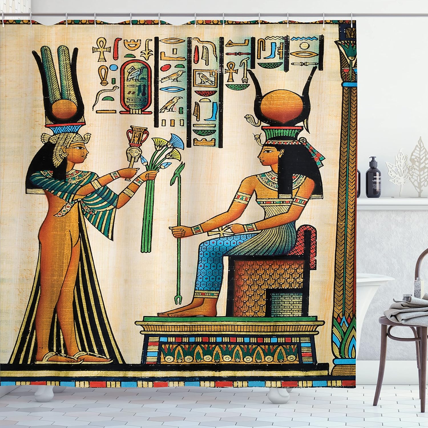 Ambesonne Egyptian Print Shower Curtain, Old Papyrus Depicting Queen Nefertari Historical Empire Art, Cloth Fabric Bathroom Decor Set with Hooks, 69" W x 84" L, Burnt Orange Eggshell Green