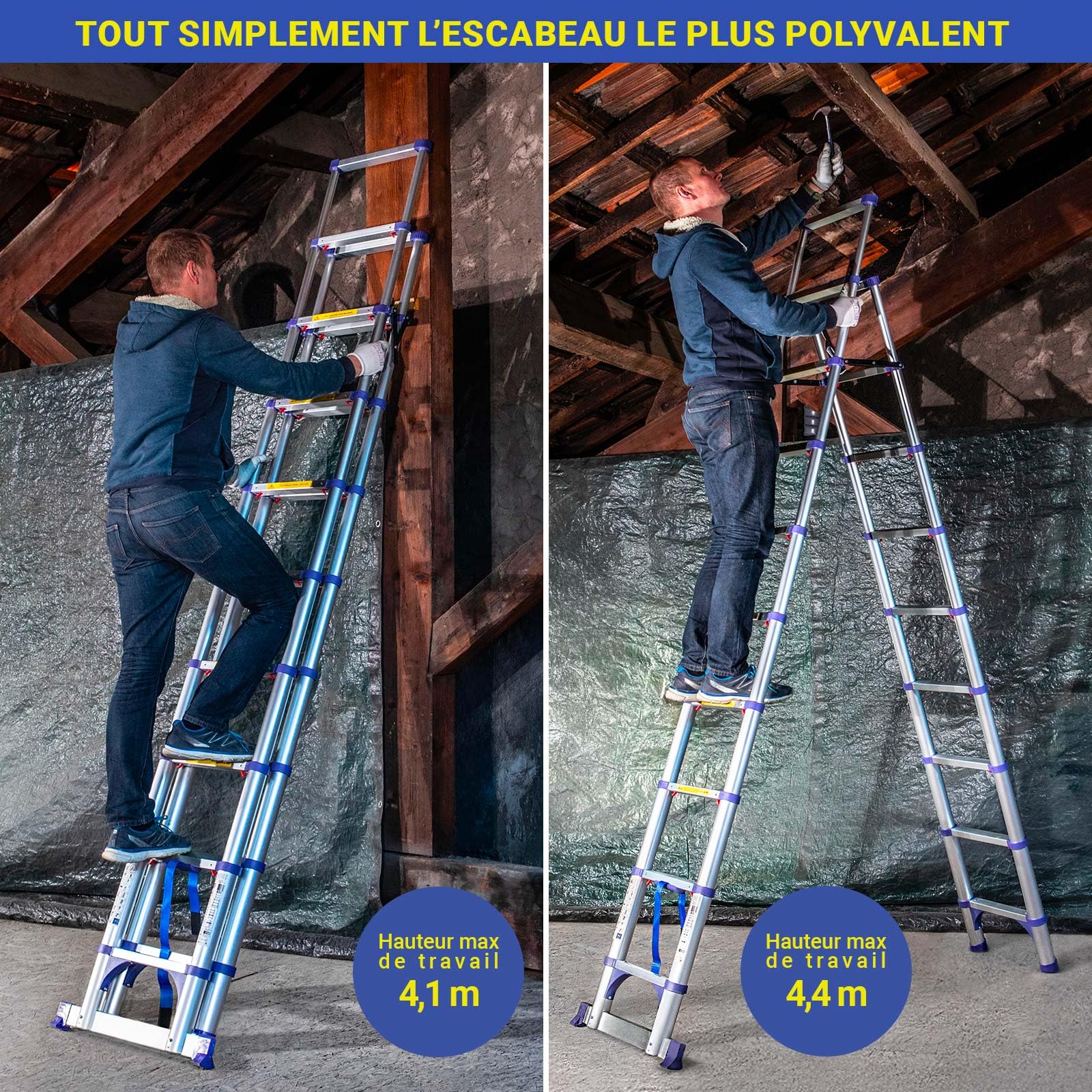 HOSTRÖM Escabeau 10 marches telescopique EXTENDACT10, Echelle telescopique 2.9m+2.6m, escabeau Pliable télescopique, H Max Travail 4,4m, Garantie 5ans