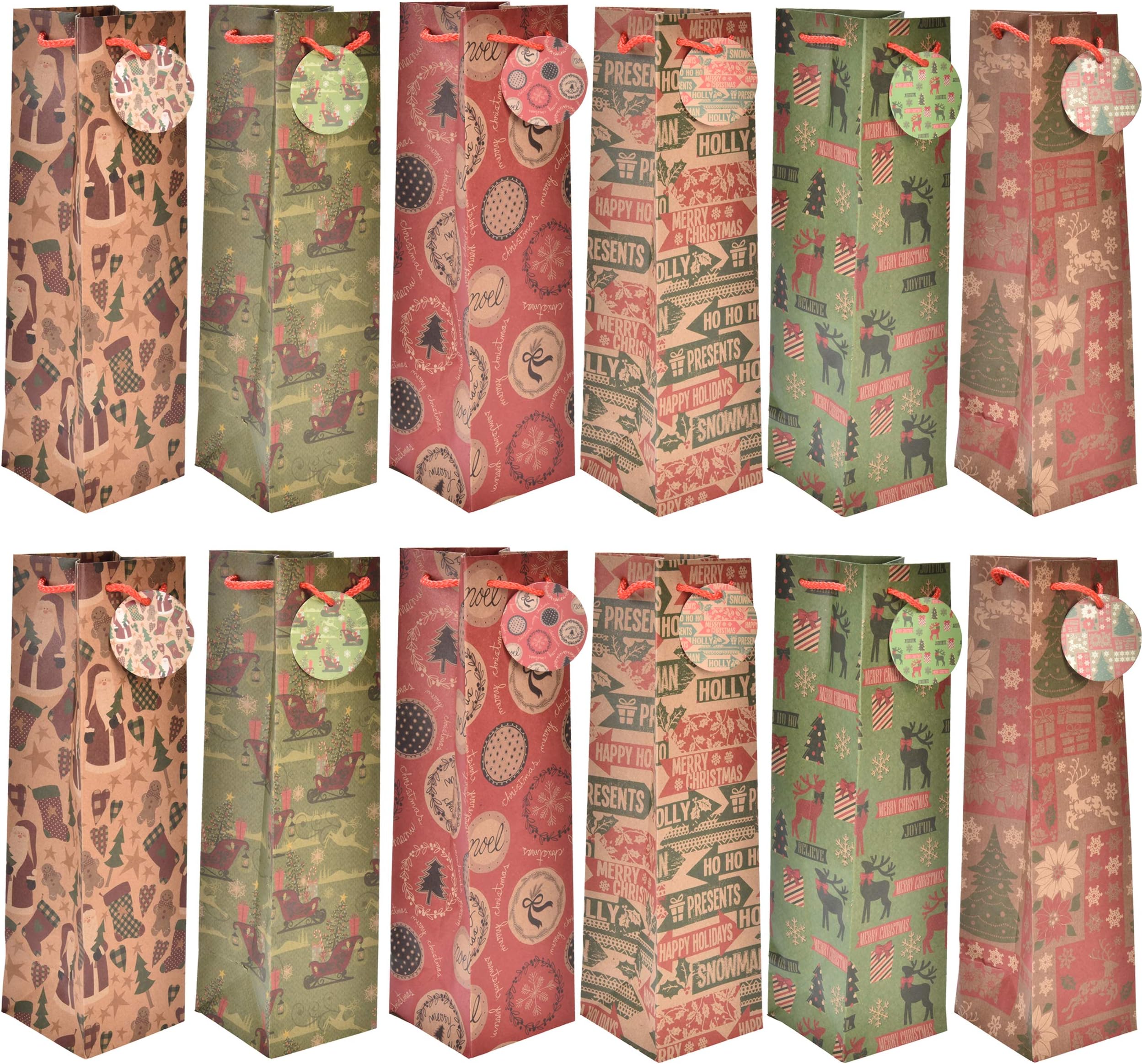 24 Christmas Wine Gift Bags with Handles Brown Kraft Paper Bulk for Holiday Bottle Wrapping Set