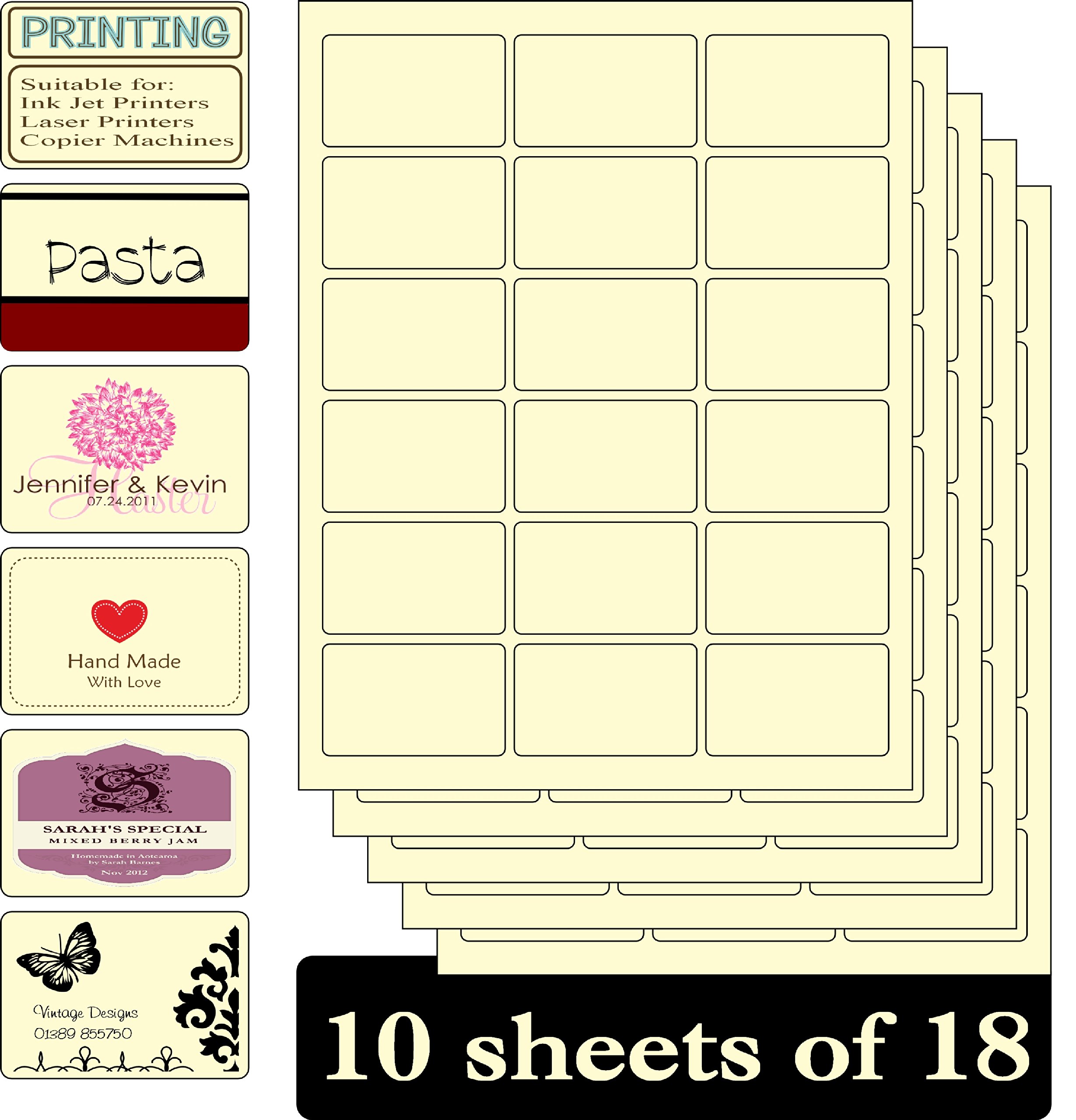 180 Luxury Cream Oblong Paper Self Adhesive Laser Ink Jet Printer Labels - 10 A4 Sheets x 18 labels
