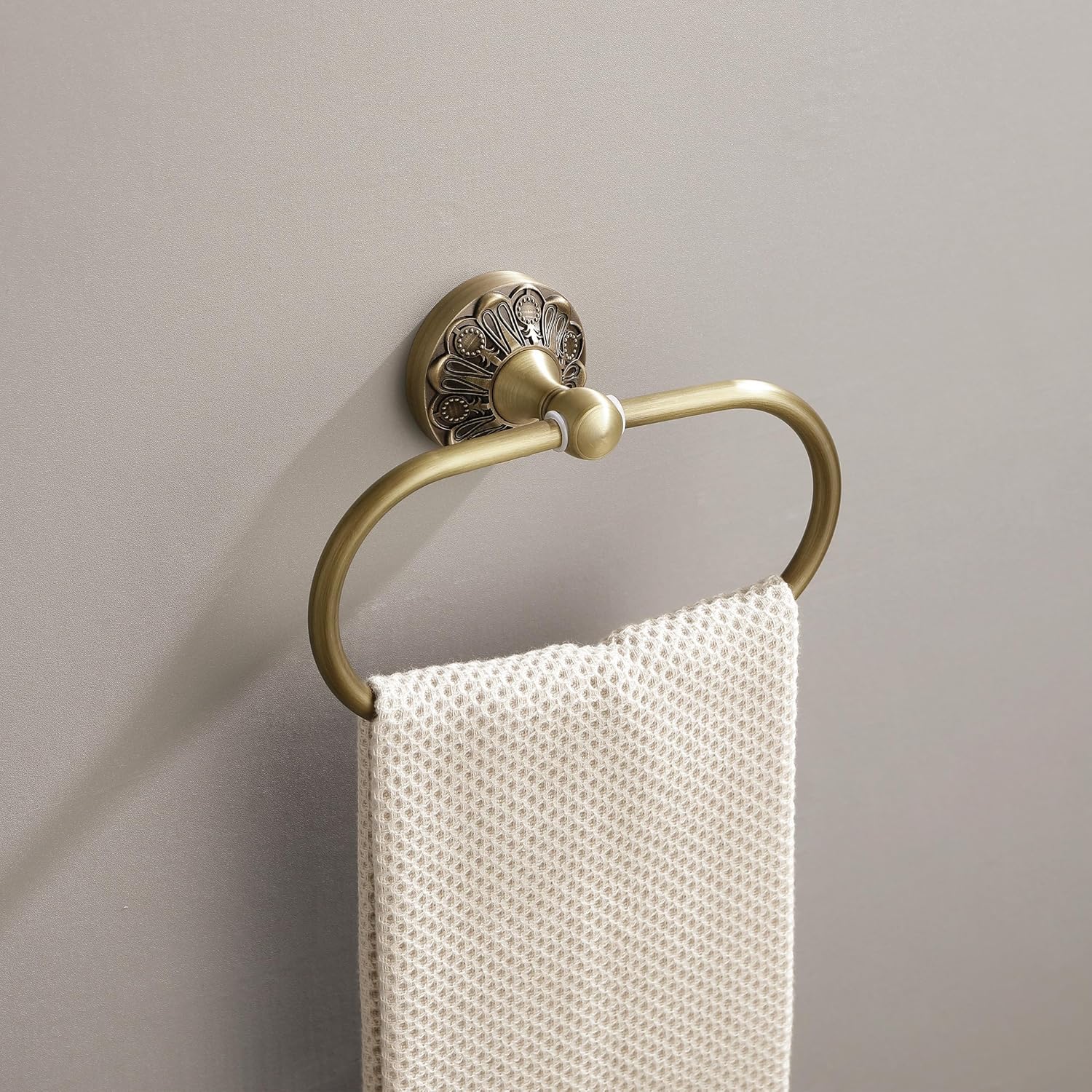 Antique Gold Towel Ring, Oval Hand Towel Holder Wall Mount, Vintage Decorative Bathroom Accessories, Brass Petal-Relief Series