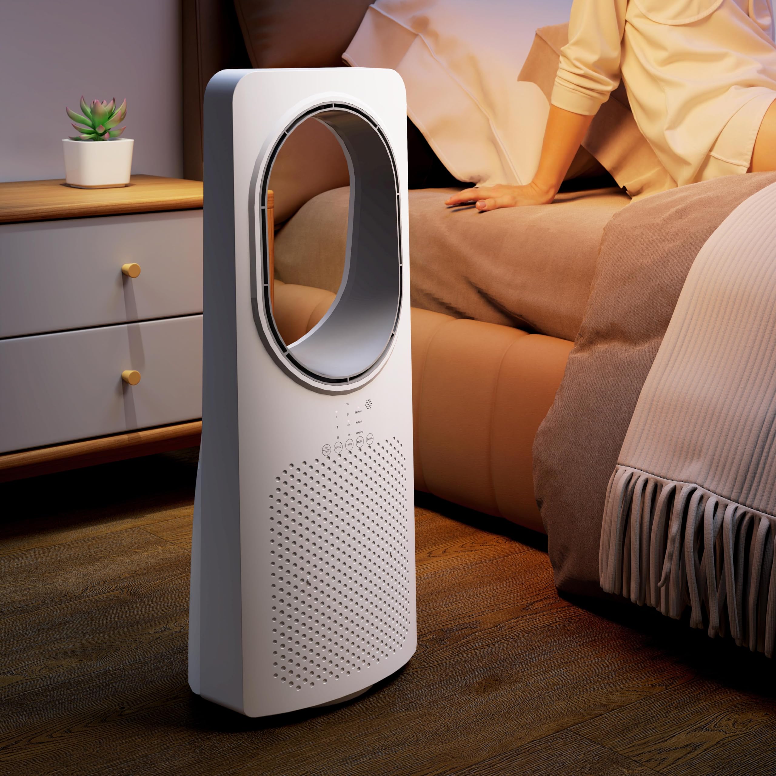 HOMCOM Ventilatore a Torre Senza Pale per Camera da Letto, Silenzioso 36dB, con Oscillazione a 45°, Luci LED, 3 Velocità, 3 Modalità, Timer 15 Ore, Telecomando, Bianco