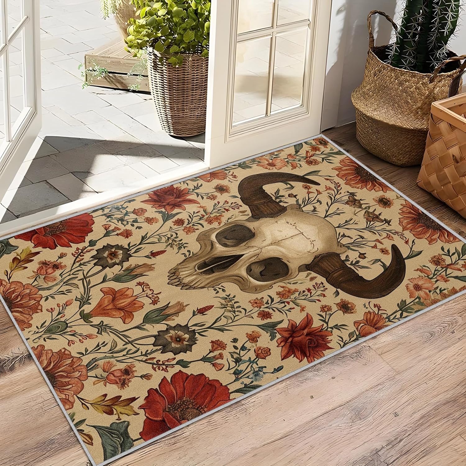 Western Bull Skull Rug - 2x3 Rug - Bull Skull Rug - Western Floral Area Rug - Vintage Wildflower Rugs - Wild West Carpet - Home Decor