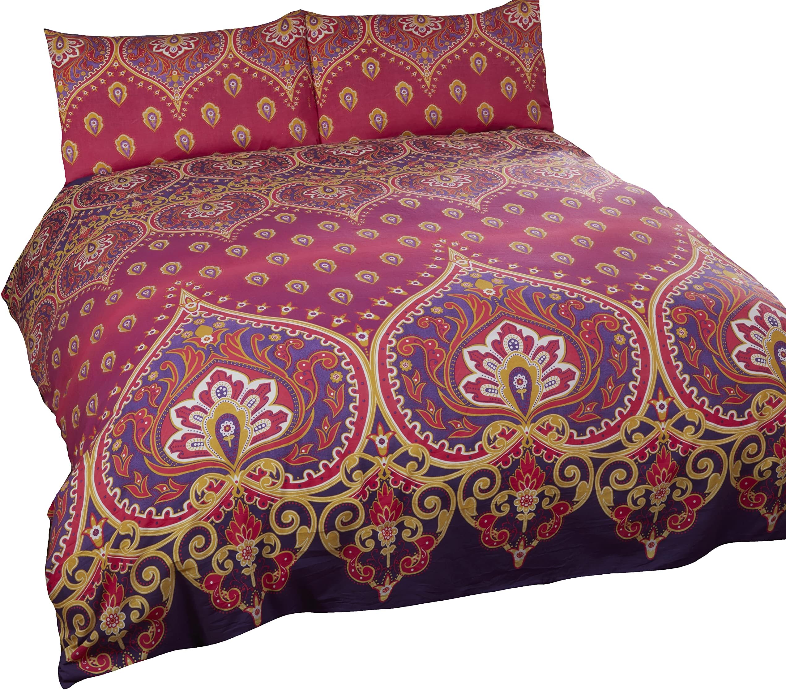Asha Ruby Mandala Duvet Cover Set - Double Polycotton Bedding with Matching Pillowcase & Popper Closure - Easy Care British Design