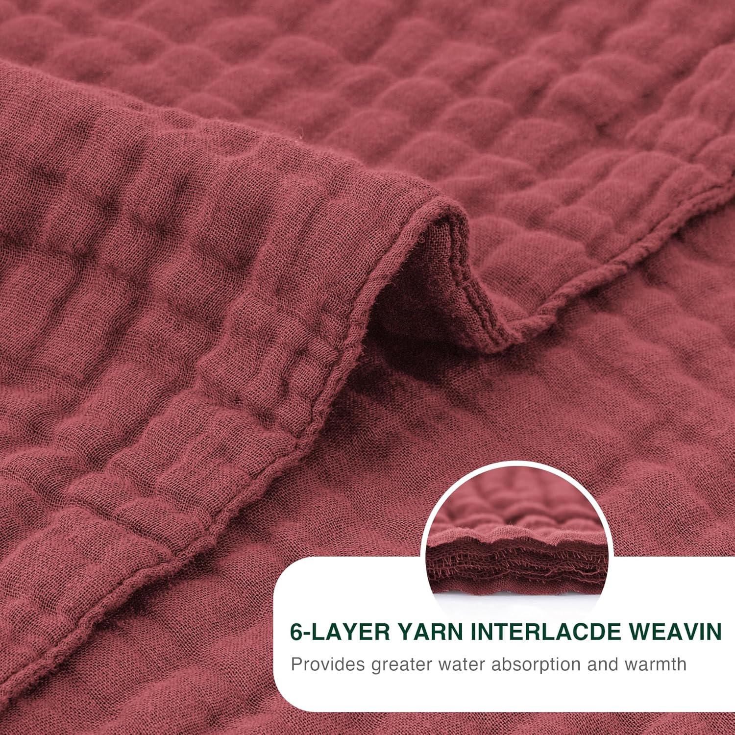 Love's cabin 6 Layer 100% Cotton Muslin Blanket, 90"x90" Muslin Blanket Queen for Couch Bed, Lightweight and Breathable Cotton Gauze for Adult, Wine Red - Image 5
