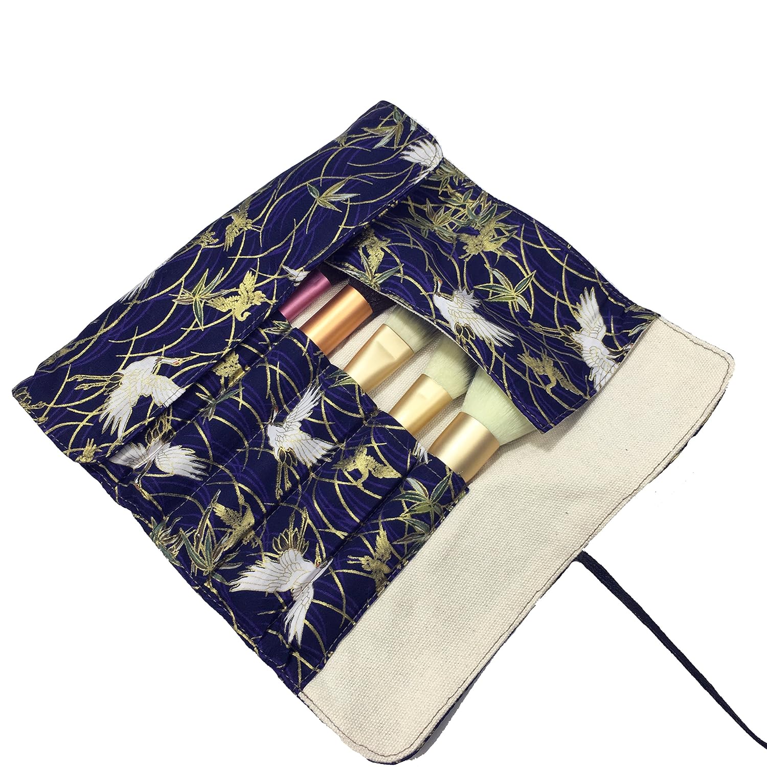 12 Pockets Makeup Brushes Rolling Case Pouch Holder Cosmetic Bag Organizer Case with Belt Strap, NO BRUSHES (Gilded Crane)