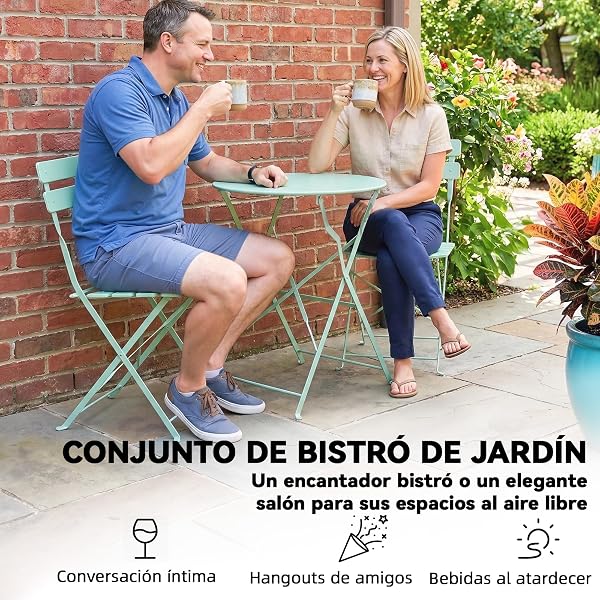 Outsunny Conjunto de Mesa y Sillas de Terraza Exterior Plegable 3 Piezas, Muebles de Jardín Exterior con 2 Sillas Plegables, Mesa Redonda, Estructura Metálica Electrofórica para Patio, Balcón, Verde - 4