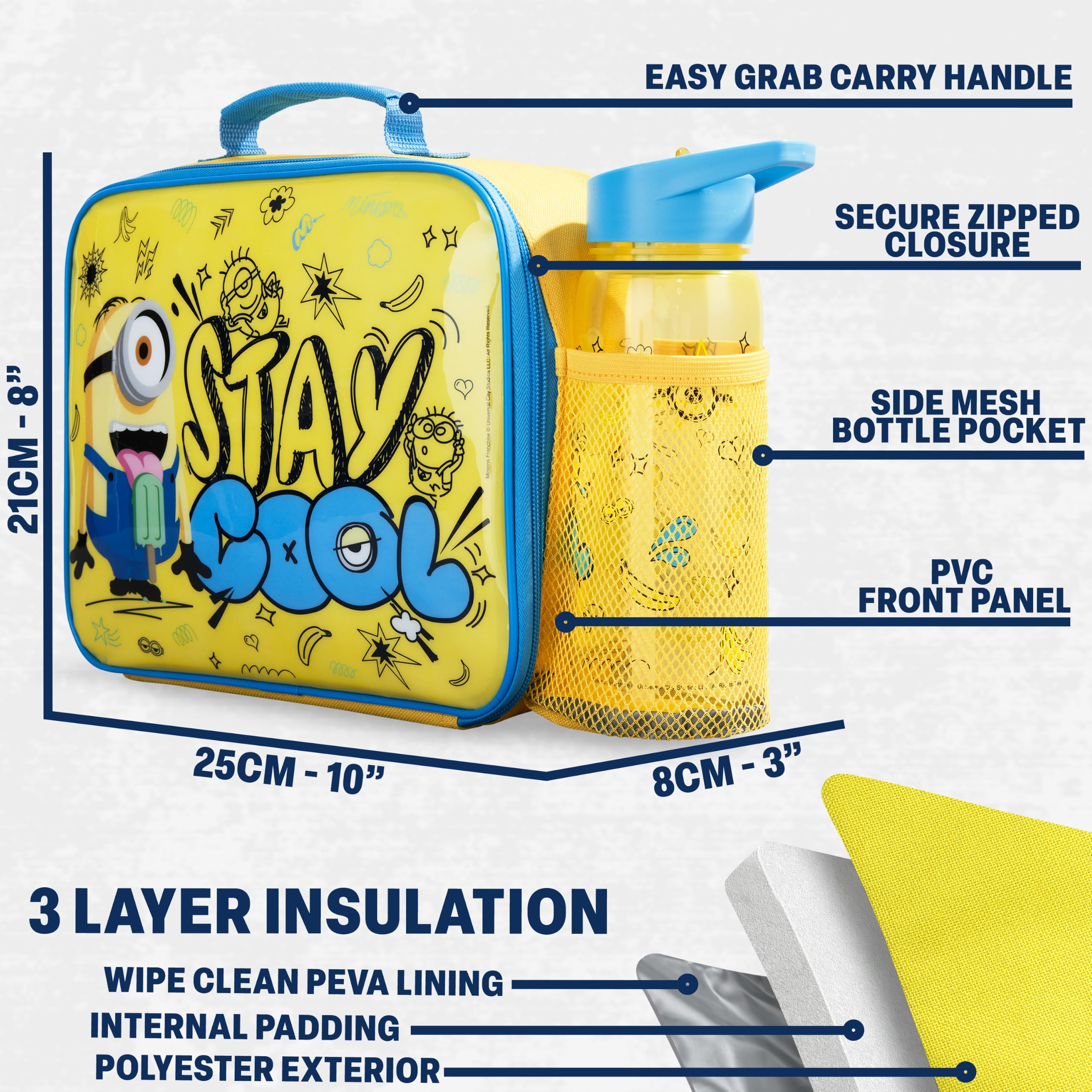 Get Trend Minions Set Porta Pranzo Bambini, 3 Pezzi Borsa Termica Porta Pranzo, Bento Box e Senza BPA Borraccia Bambini, Regalo Ragazzo (Giallo/Blu Minions)