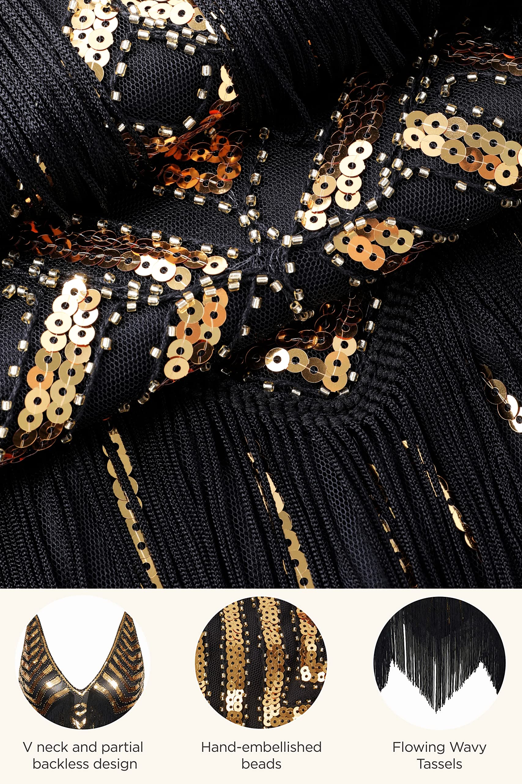 BABEYOND Robe style années 1920 avec col en V pour femme, style Gatsby le Magnifique, noir/doré, Taille S