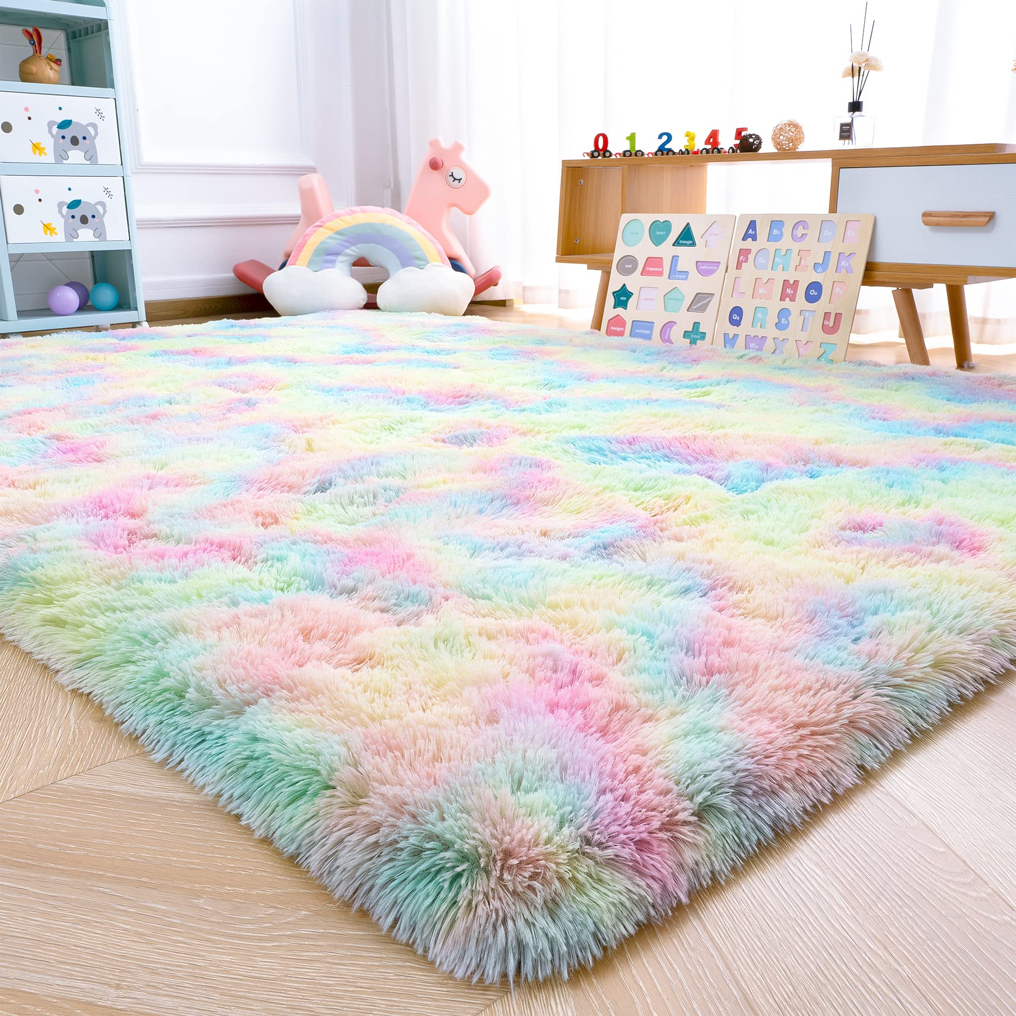 Quenlife Super Soft Colorful Rainbow Area Rugs for Girls Room Kids Children Play Room, Cute Plush Carpet for Bedroom Nursery Classroom Living Room College Dorm, 5 x 8 Feet