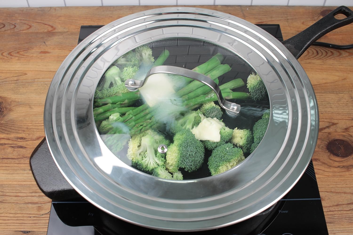RSVP International Universal Lid Insert Steel & Secure Tempered Glass | Fits 7"-12" Pots & Pans | Oven Safe, 12.5", Stainless Steel