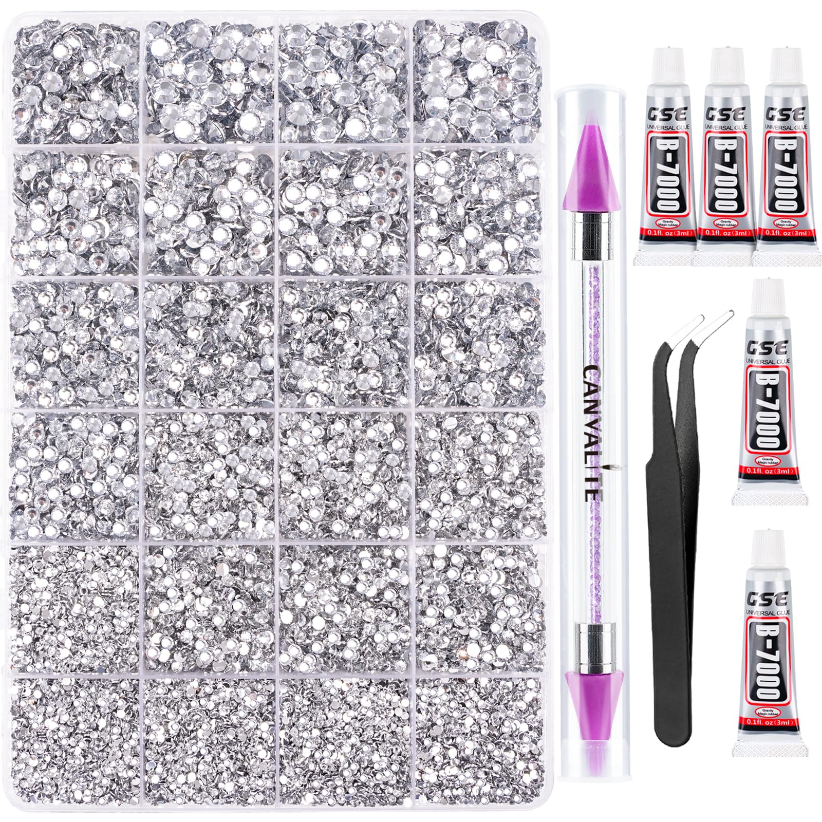 Canvalite 25000Pcs Resin Jelly Rhinestones for Crafting, Clear Flatback Gems, Bedazzling Crystal with 5Pcs 2.5g B7000 Jewelry Glues and Tweezers and
