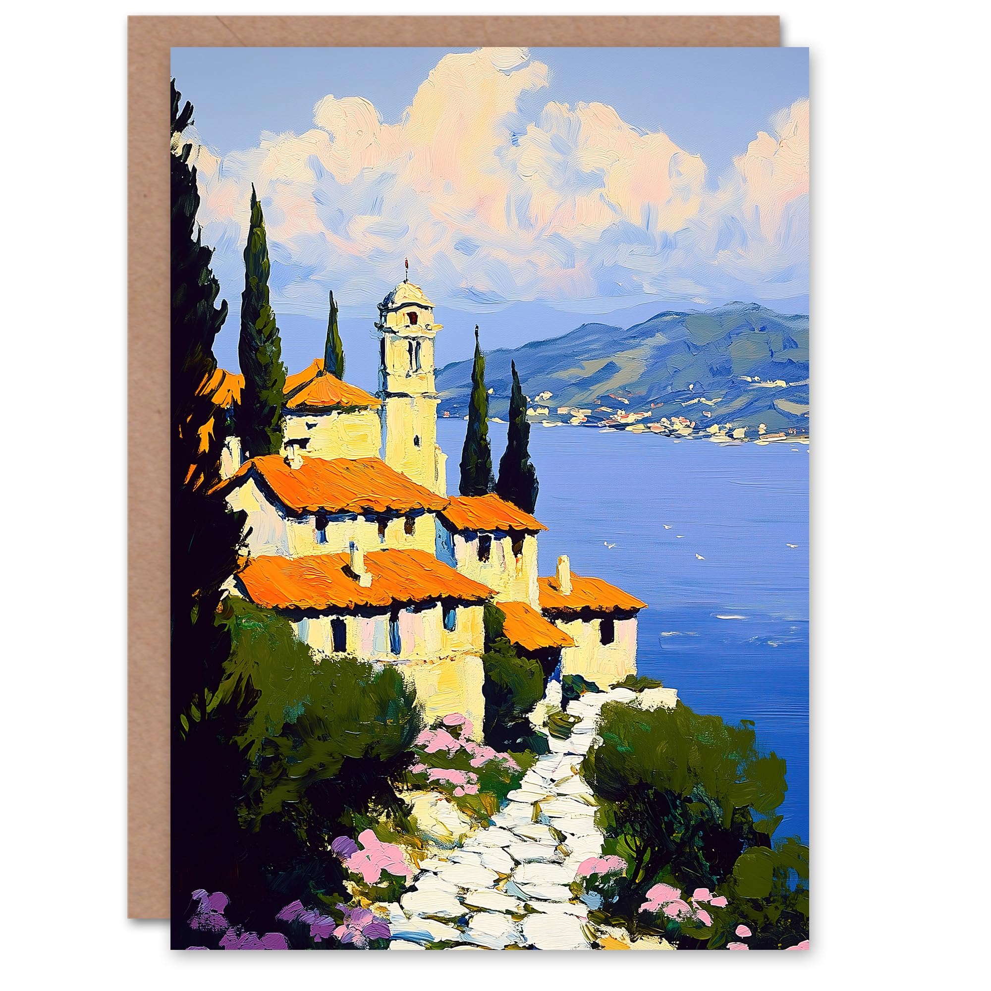 Artery8 Greeting Card Christian Church Coastal Cliff Italy Landscape Blank For Him Or Her Art Birthday Card