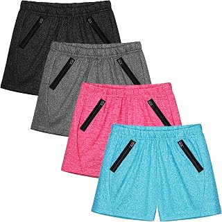 Resinta 4 Pack Summer Dry-fit Running Shorts with Zipper Pockets Quick Dry Athletic Yoga Training Sports Shorts for Kids