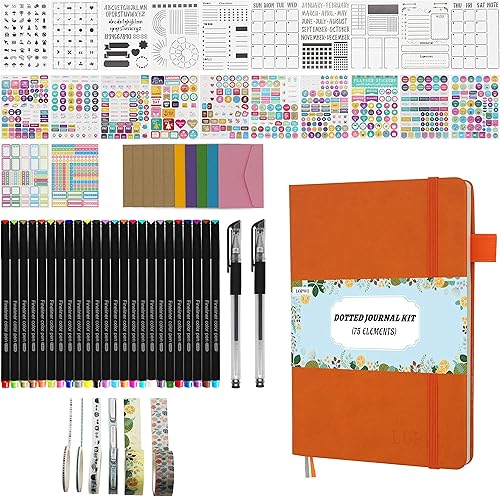 Kit de diario de puntos con caja de regalo, incluye 192 páginas numeradas A5, bolígrafos de colores, calcomanías, plantillas, cintas Washi, sobres