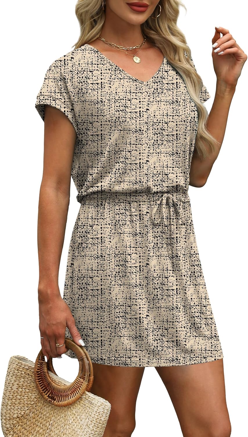 OFEEFAN Summer Dresses for Women 2026 V Neck T Shirt Casual Mini Dresses Tie Waist Sundresses with Pockets - Image 4