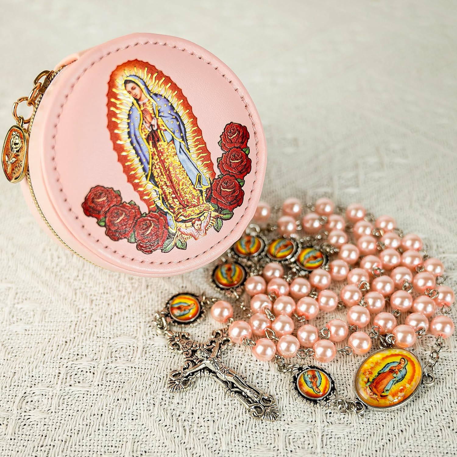 8mm Glass Pearl Catholic Rosary Necklace for Women - Reverse Hallmark & Finish
