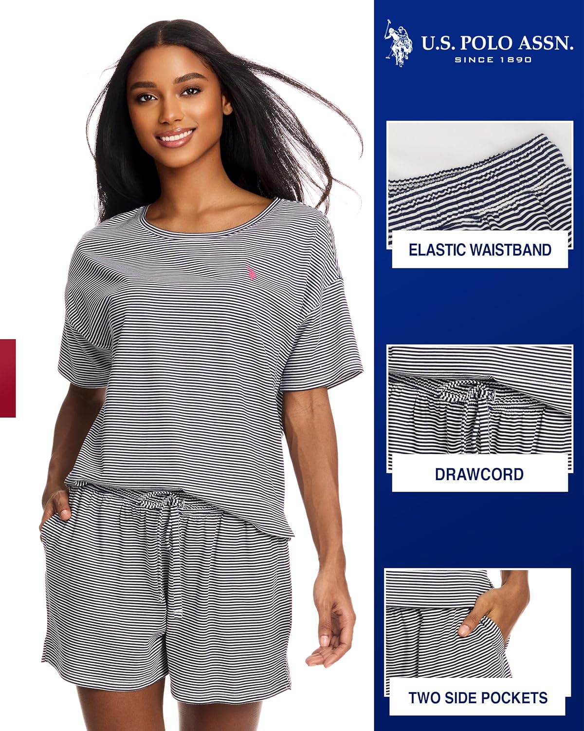 U.S. Polo Assn. Womens Summer Pajamas Sets Cotton - Poly, PJ Sets for Women Shorts, 2 Piece Lounge Set Shorts - Image 3