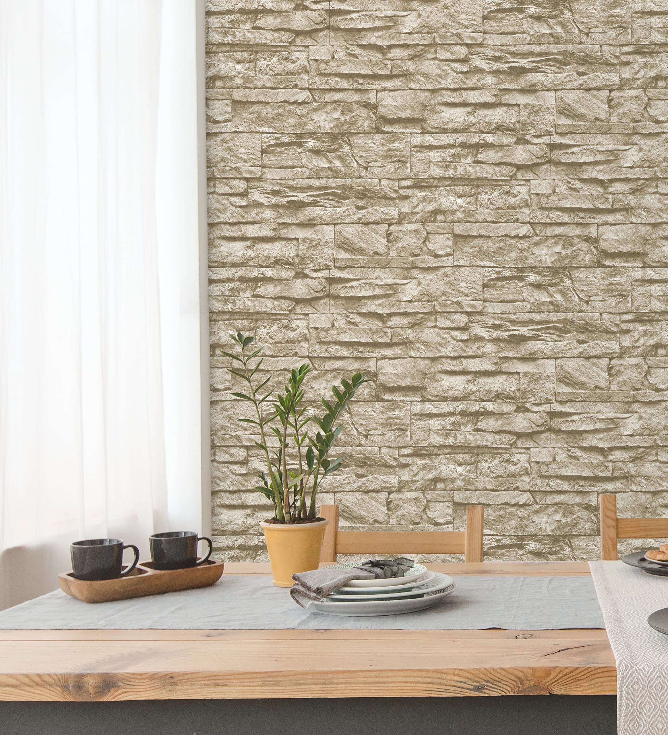 GAULAN 453146 - Carta da parati lavabile in vinile imitazione pietra ardesia beige texture in rilievo 3D per pareti soggiorno cucina bagno sala da pranzo - Rotolo di 10 m x 0,53 m