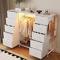 Vista 4 de LUMTOK Cómoda 2 en 1 de 55" de ancho con perchero colgante, cómoda de 10 cajones para dormitorio, cómodas con cajones blancos con luces LED
