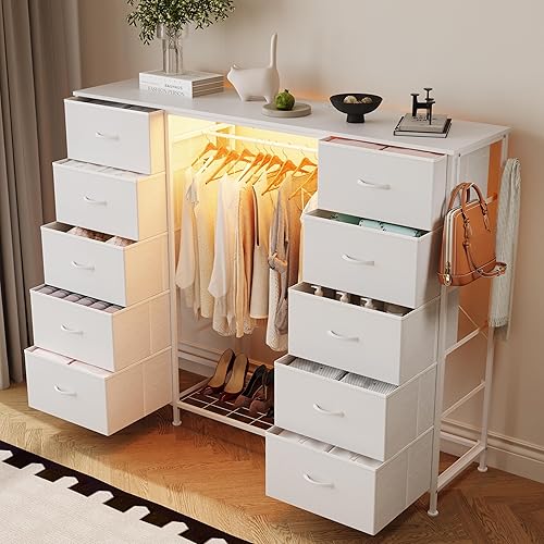 Miniatura 4 de LUMTOK Cómoda 2 en 1 de 55 pulgadas de ancho con estante para colgar, 10 cajones para dormitorio, cómoda blanca con luces LED, estación de carga y