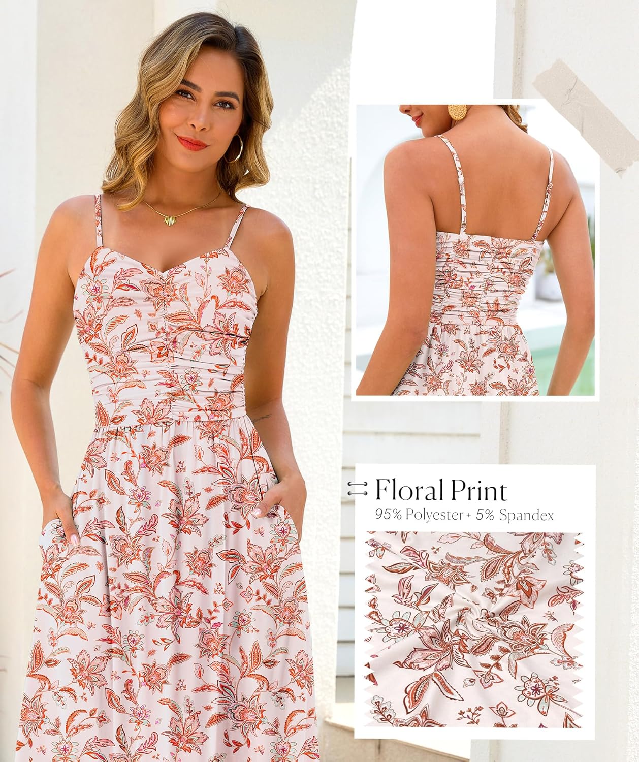 Annebouti Women 2026 Summer Spring Ruched Maxi Dress Adjustable Spaghetti Strap Floral Beach Long Sundress with Pockets - Image 5