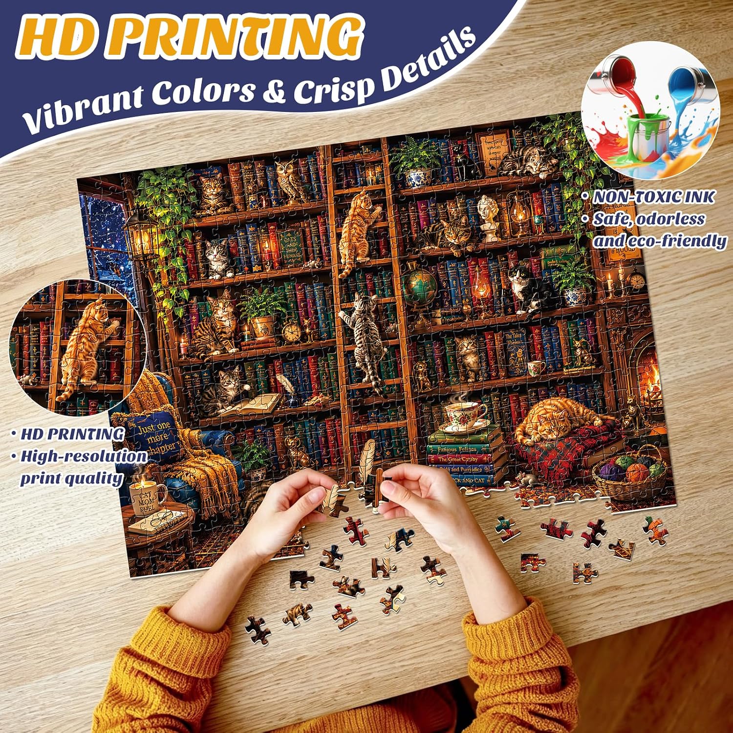 500 Piece Puzzles for Adults,Vintage Library Cat Jigsaw Puzzles 500 Pieces image 2