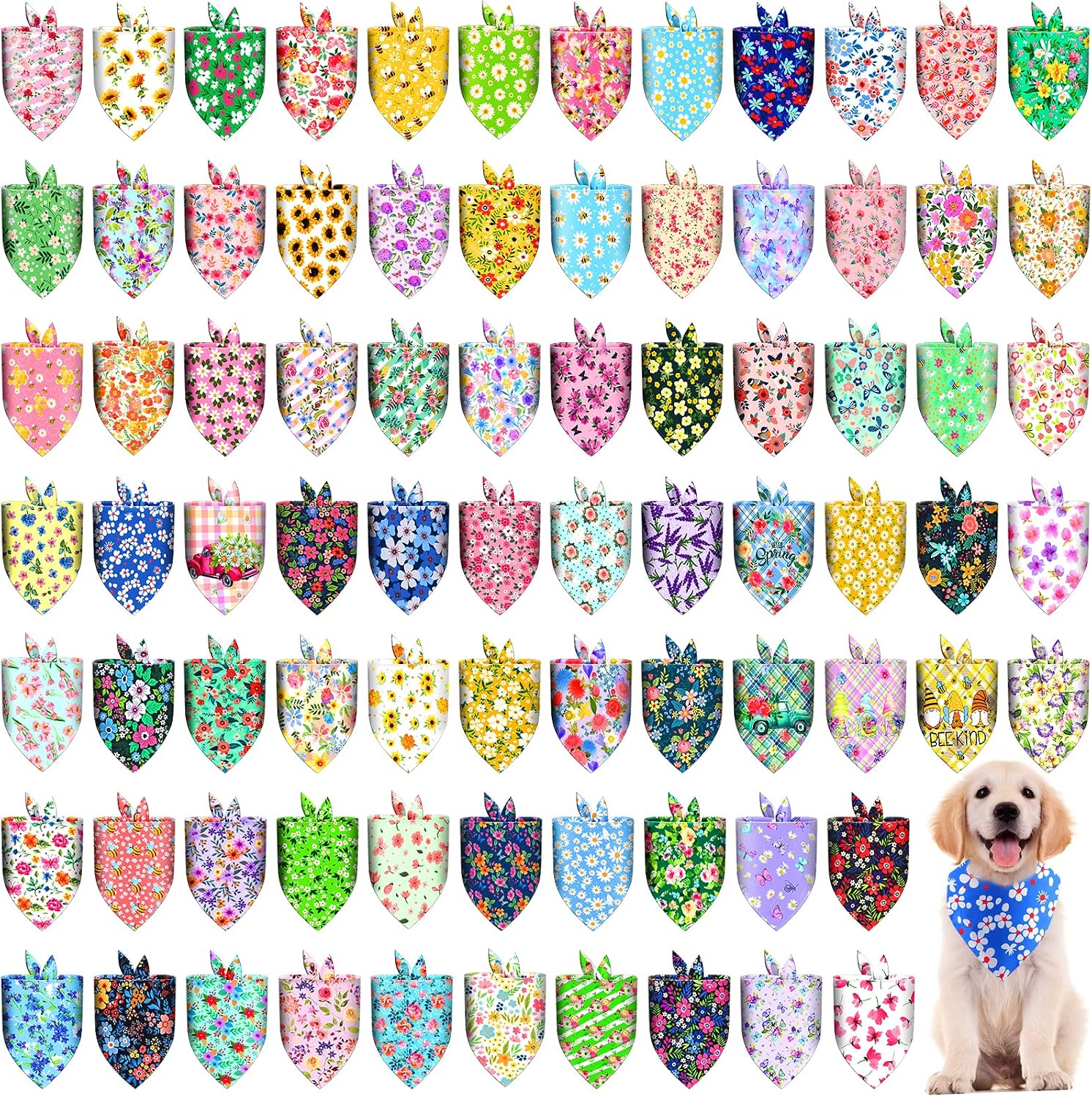 80 Pcs Spring Summer Dog Bandanas Bulk Floral Dog Bibs Flower Gnomes Patterns Triangle Dog Kerchief Scarf Dog Outfits Washable…