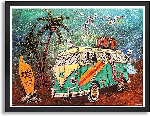 VW Volkswagon - Póster enmarcado para decoración de pared de autobús de surf de esqueleto, póster vintage y regalos de obras de arte, 18 x 24