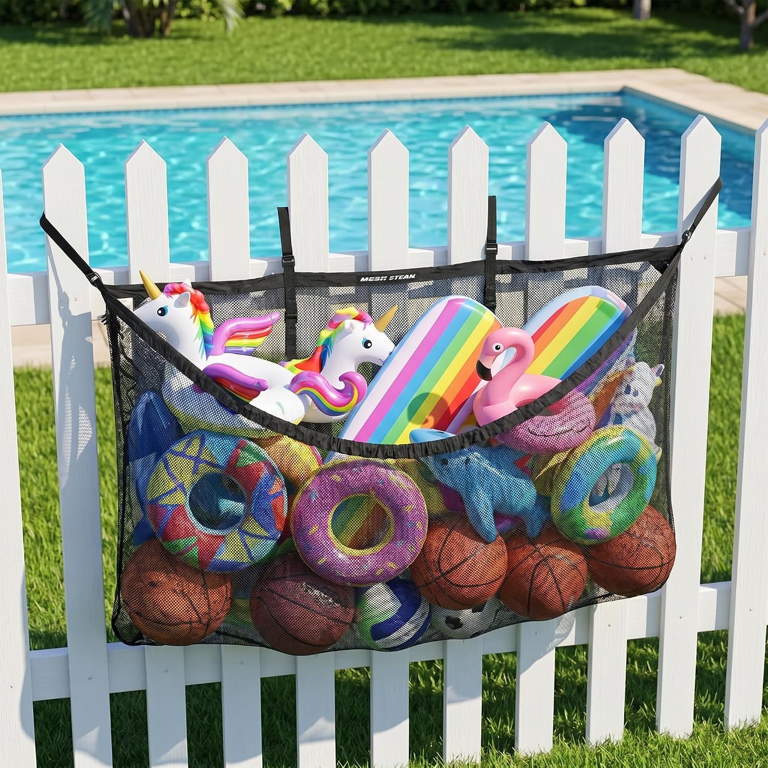 Pool Toy Storage Net, 58“ x 33” x 17" Large Outdoor Hanging Organizer Pouch for Inflatable Pool Floats, Balls, Swim Rings, Rafts, and Water Noodles, Black