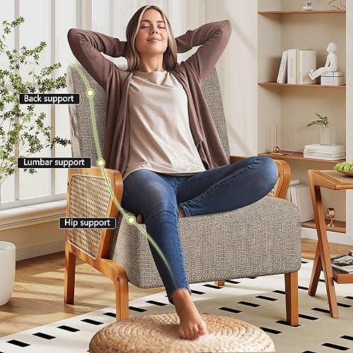 Miniatura 24 de Alunaune Juego de 2 sillas decorativas marrones tapizadas para sala de estar, sillón de ratán natural, moderna de piel sintética, silla de club,