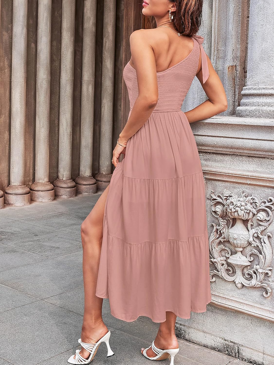 MEROKEETY Women's 2026 Summer Sleeveless Midi Dress One Shoulder Knot Smocked Split Formal Cocktail Wedding Guest Dresses - Image 8