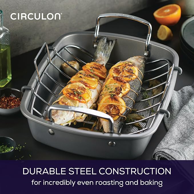 Circulon Ultra Lasting Nonstick Roaster/Roasting Pan with Easy Serve Rack, 17 Inch x 13 Inch, Black