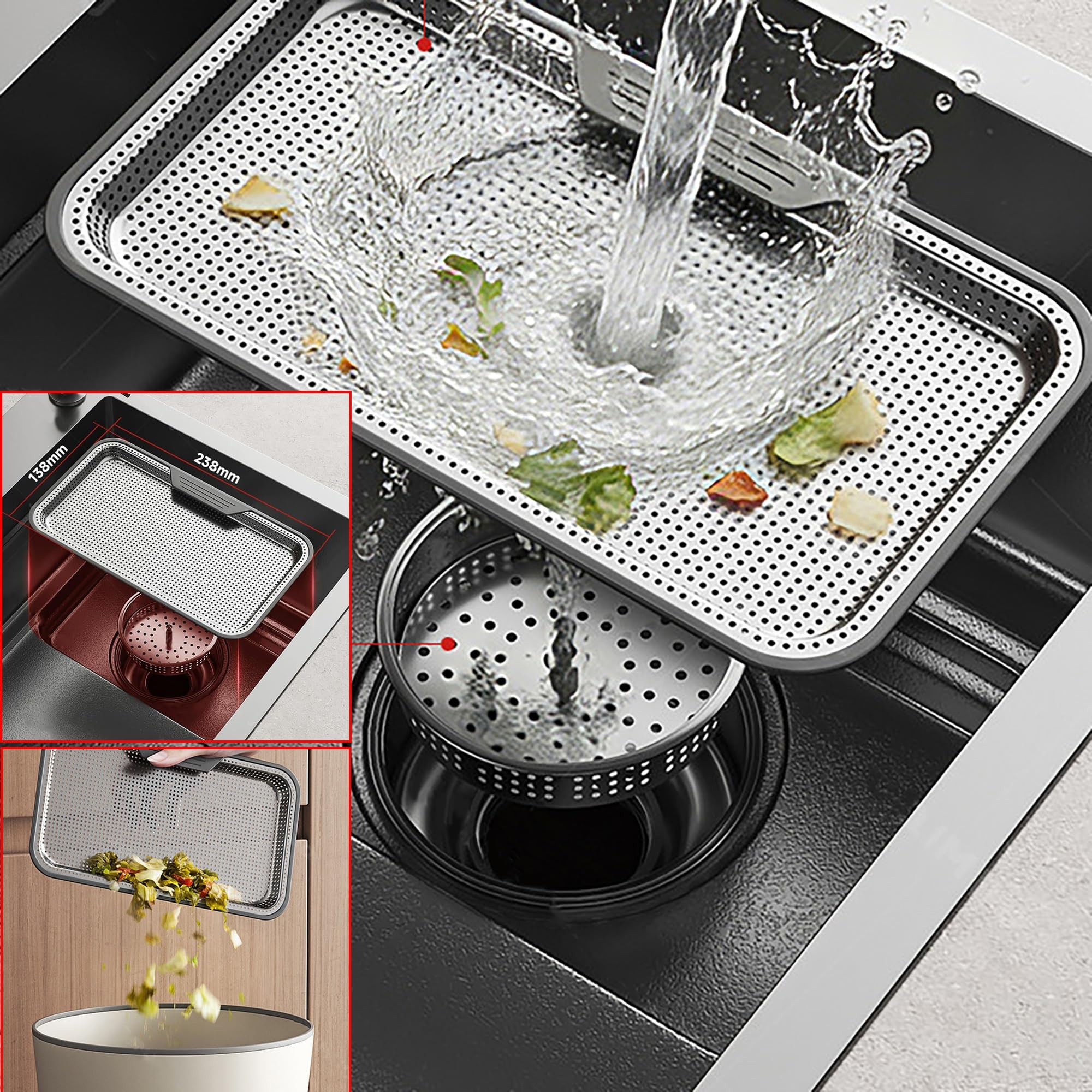 SC Fregadero De Cocina Individual De Acero Inoxidable, Con Kit De Desagüe Y Colador, Apto Para Cocina Y Balcón(B)