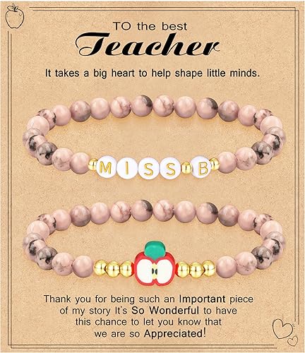 Teacher Appreciation Gifts for Women,Teacher Must Haves Initial Bracelet Mrs Miss End of Year Teacher Gifts Thank You for Helping Me Grow Music Math Science Teachers Bracelets Retirement 2 Set Jewelry