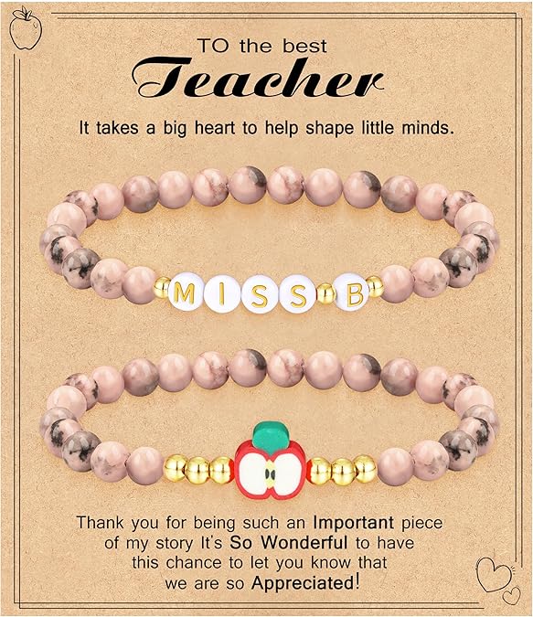 Teacher Appreciation Gifts for Women,Teacher Must Haves Initial Bracelet Mrs Miss End of Year Teacher Gifts Thank You for Helping Me Grow Music Math Science Teachers Bracelets Retirement 2 Set Jewelry