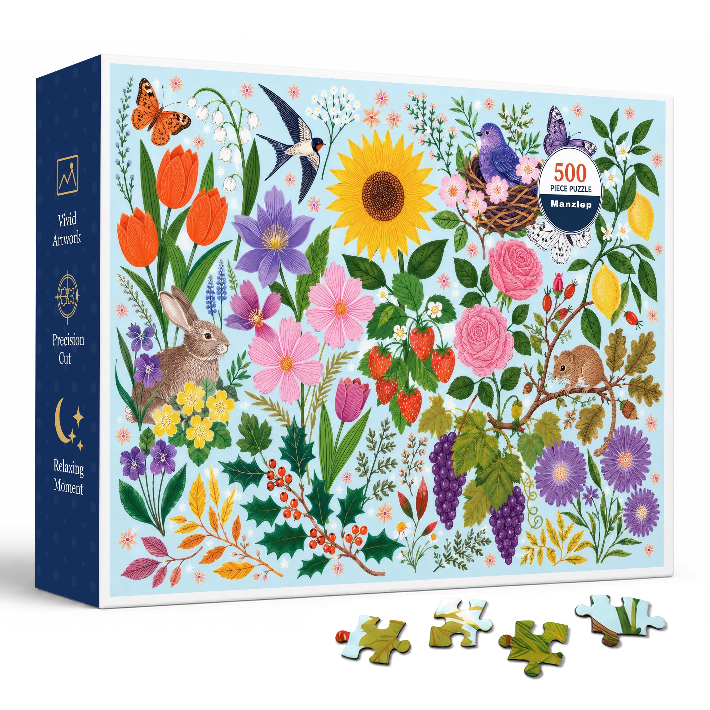 Botanical Garden 500 Piece Jigsaw Puzzle for Adults, Colorful Floral Nature Artwork with Birds, Butterflies and Fruit