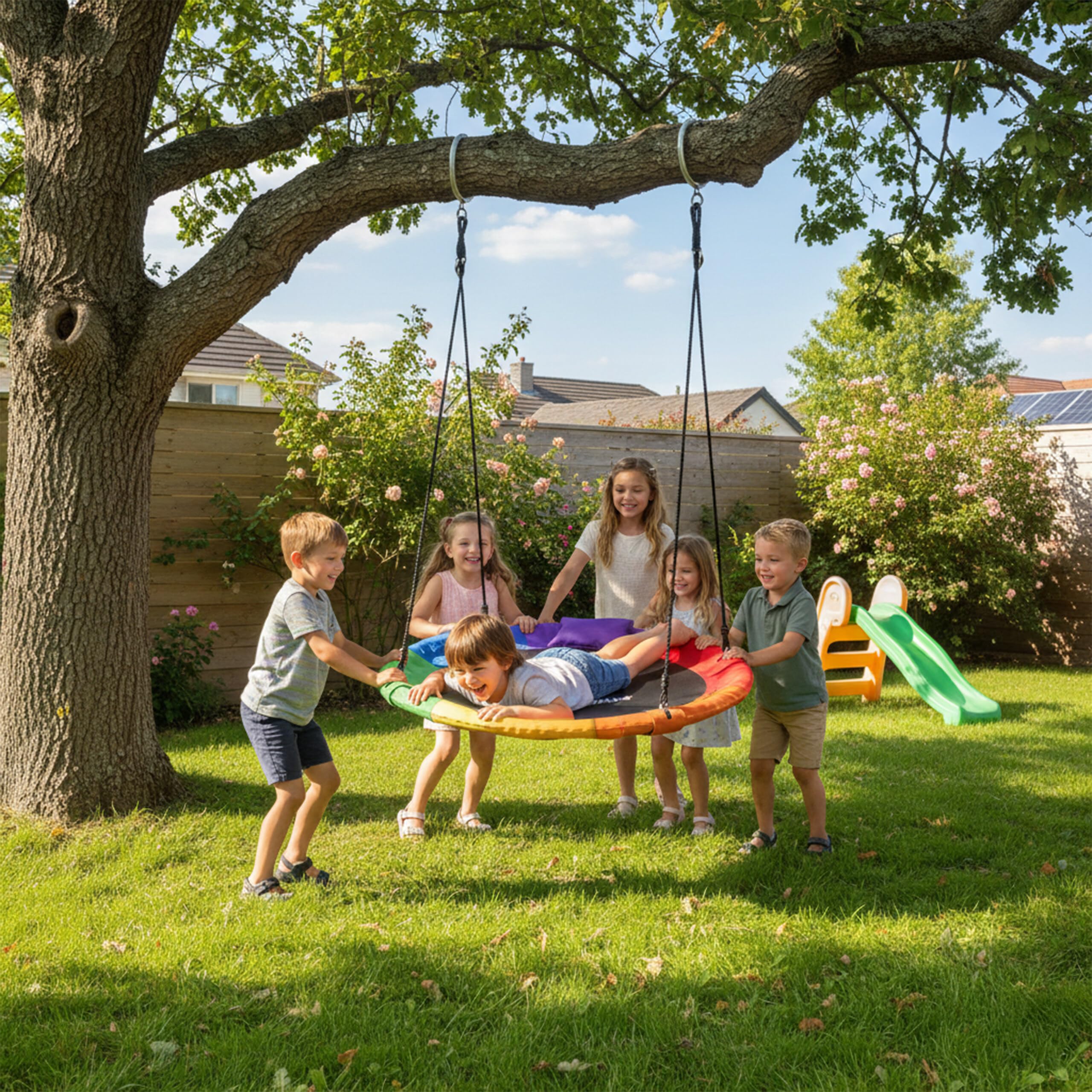 Relaxdays Balançoire nid Ronde pour Enfants, réglable, extérieur, Ø 100 cm, jusqu'à 100 kg, Multicolore