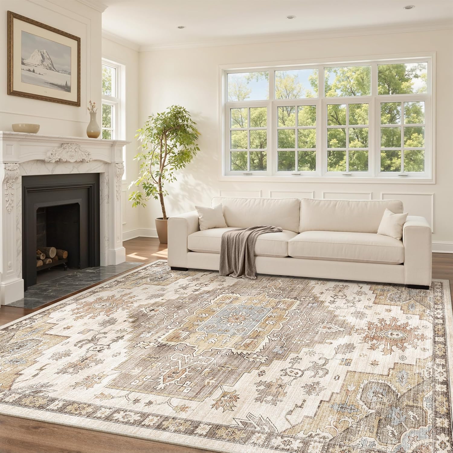 befbee 8x10 Area Rugs for Living Room, Floral Vintage Washable Rug Brown image 3