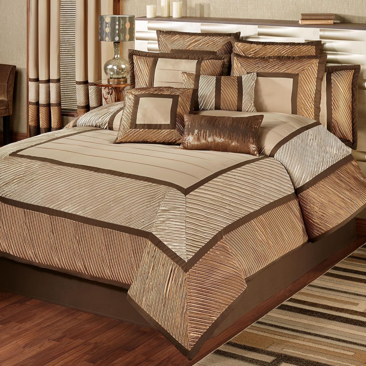 Touch of Class Delta Contemporary Oversized Luxury Bedding | Champagne Gold, Golden Bronze, Dark Bronze | Pleated Polyester Satin | Silky | 4 Piece Bed Set: King Comforter, Bedskirt, and 2 King Shams