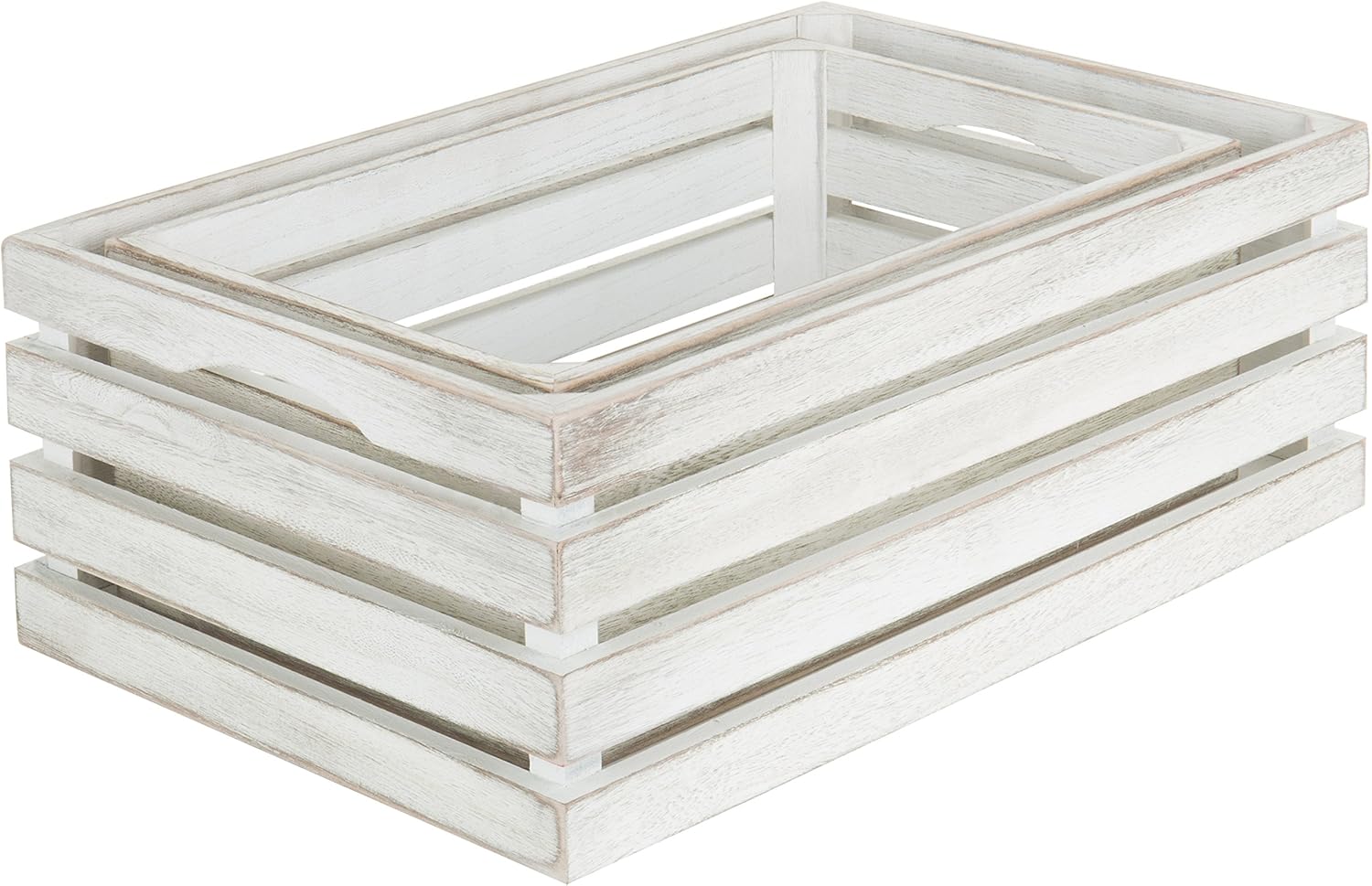 MyGift 16 and 14 Inch Shabby White Washed Solid Wood Nesting Decorative Storage Crates, Vintage Farmhouse Wooden Stackable Open Top Bin Boxes, 2 Piece Set