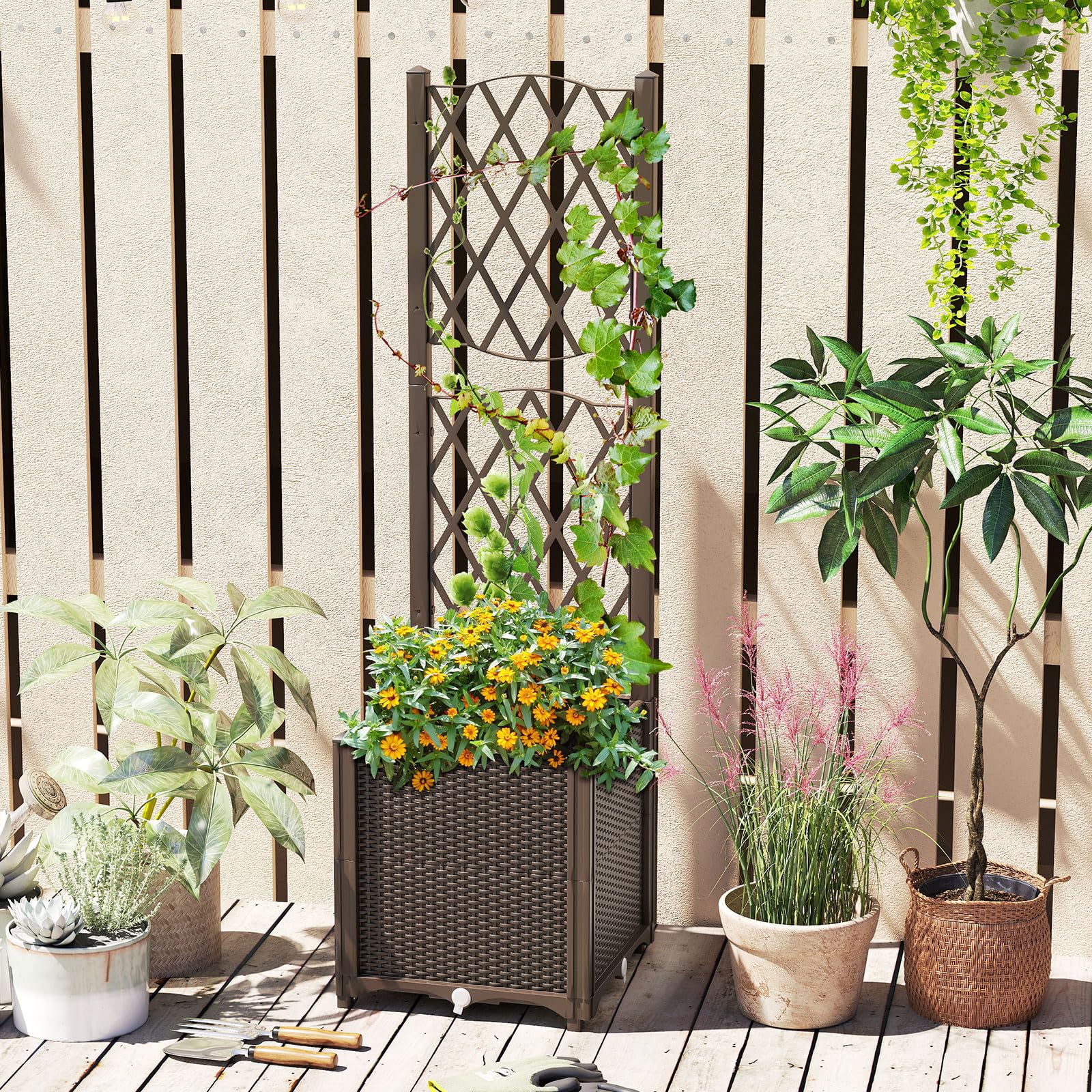 COSTWAY Jardinière avec Treillis sur Pied, Bac de Plantation Auto-arrosage en Rotin PP avec Trou de Drainage, Lit de Jardin pour Plantes Grimpantes, Légumes, Fleurs, Café, 40 x 40 x 140 cm
