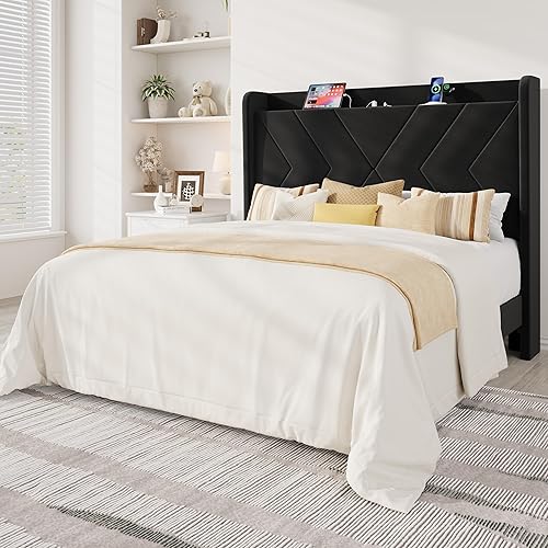 Miniatura 13 de Allewie Base de cama de plataforma de tamaño matrimonial con estación de carga y estante de almacenamiento, cabecera tapizada de terciopelo con
