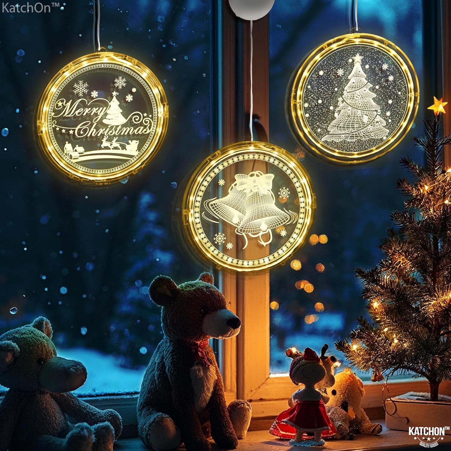 KatchOn, Pack of 4, Light Up Window Christmas Decorations, Battery Operated | Santa, Reindeers and Xmas Tree for Party Decorations with Happy New Year Neon Sign | Happy New Year Led Neon Sign for NYE