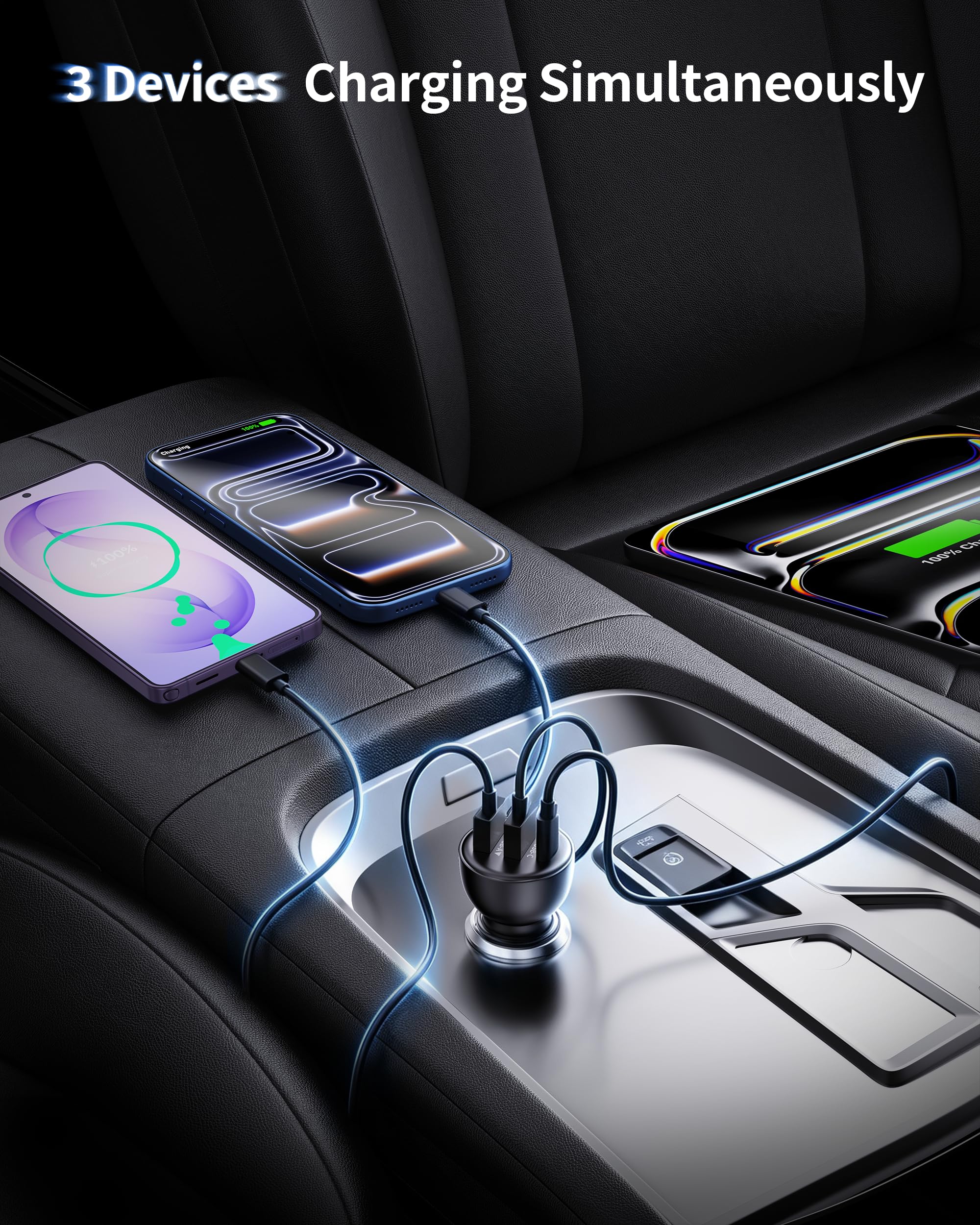 Cargador de coche de 3 puertos para iPhone 16/16e/15 Pro Max Plus, cargador de coche USB-C USB-A de carga rápida de 53 W y cable USB C a C para iPhone 15/16e/16, iPad, Galaxy, accesorios Android