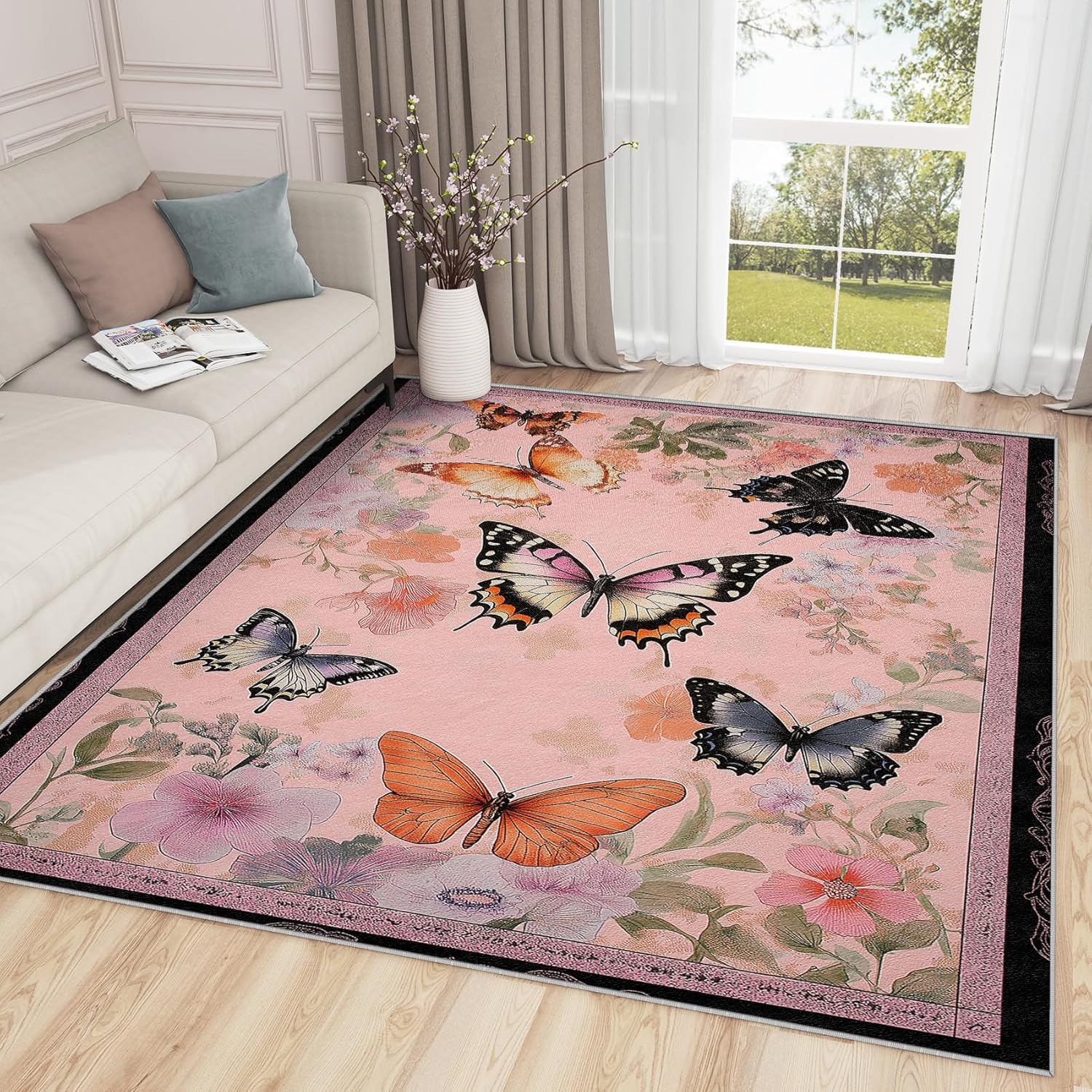 Butterfly Rugs for Girls Bedroom - 2x3 Rug, Vintage Floral Area Rug, Insect Pink Floral Washable Non Slip Soft Rugs, Coquette Wildflower Carpet, Boho Bug Home Decor, Butterfly Gifts for Women