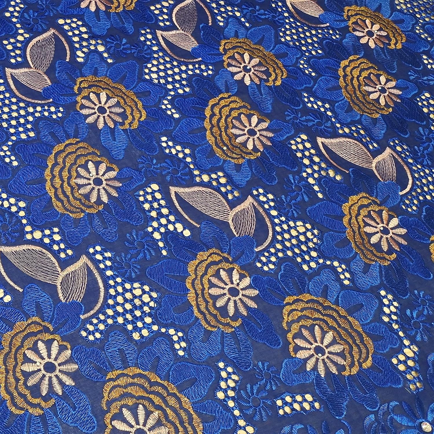 Bestway Lace African Lace Fabric 5 Yards Floral Voile Rhinestones Embroidery for Nigerian Wedding Party Dress Material (Royal Blue)