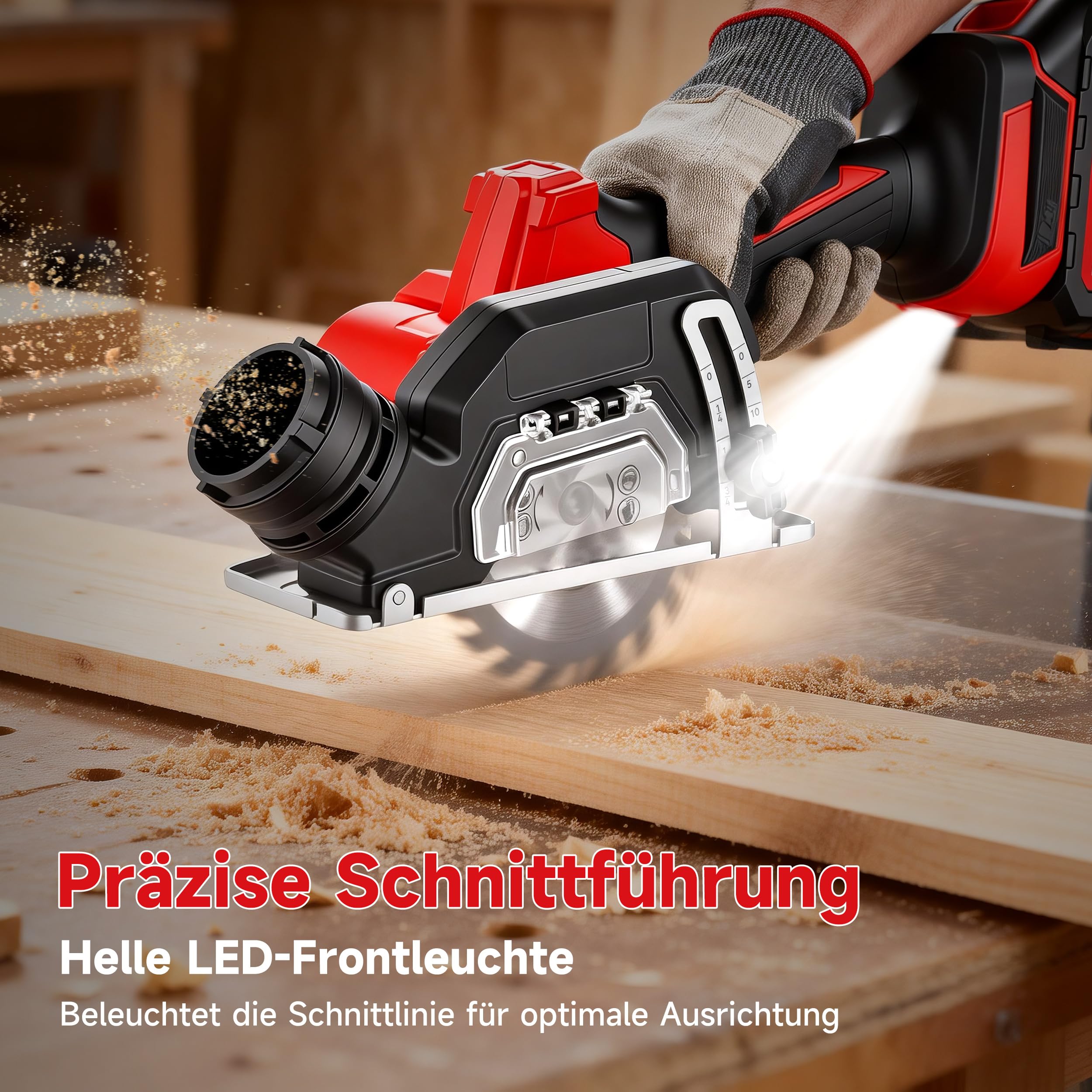TEENO Akku-Mini-Handkreissäge, Akku Handkreissäge mit LED-Leuchte, 2x 4,0Ah-Akkus, Einstellbarer Schnittwinkel, 20000 U/min, 3 Sägeblätter inklusive Schleifscheibe für Metall, Holz und Fliesen
