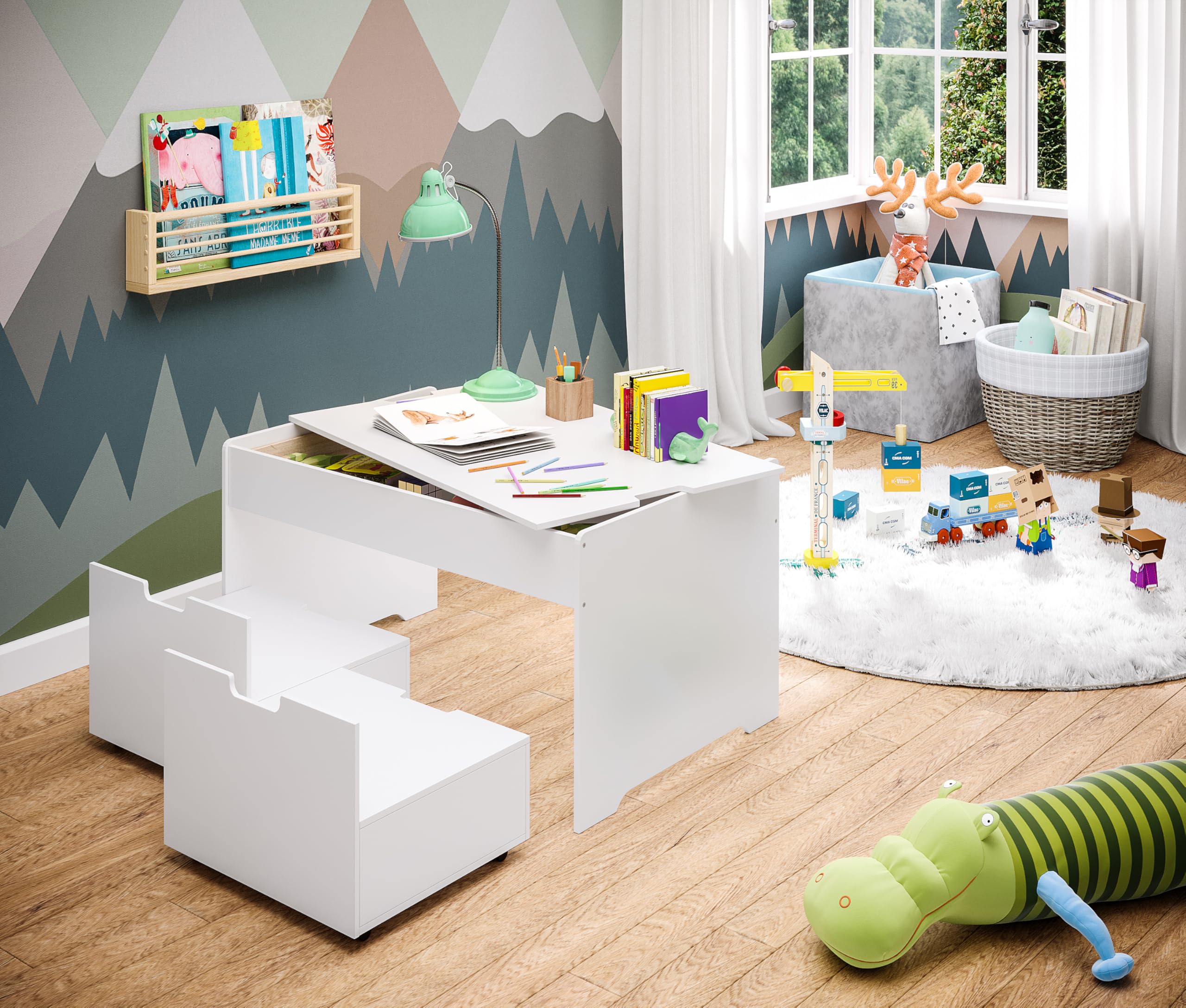 Bellabino Spieltisch Dadu mit 2 Aufbewahrungsboxen/Sitzhocker aus Holz, Kindersitzgruppe mit Stauraum weiß lackiert, Multifunktionstisch für Kinder ‎55 x 92,5 x 50 cm